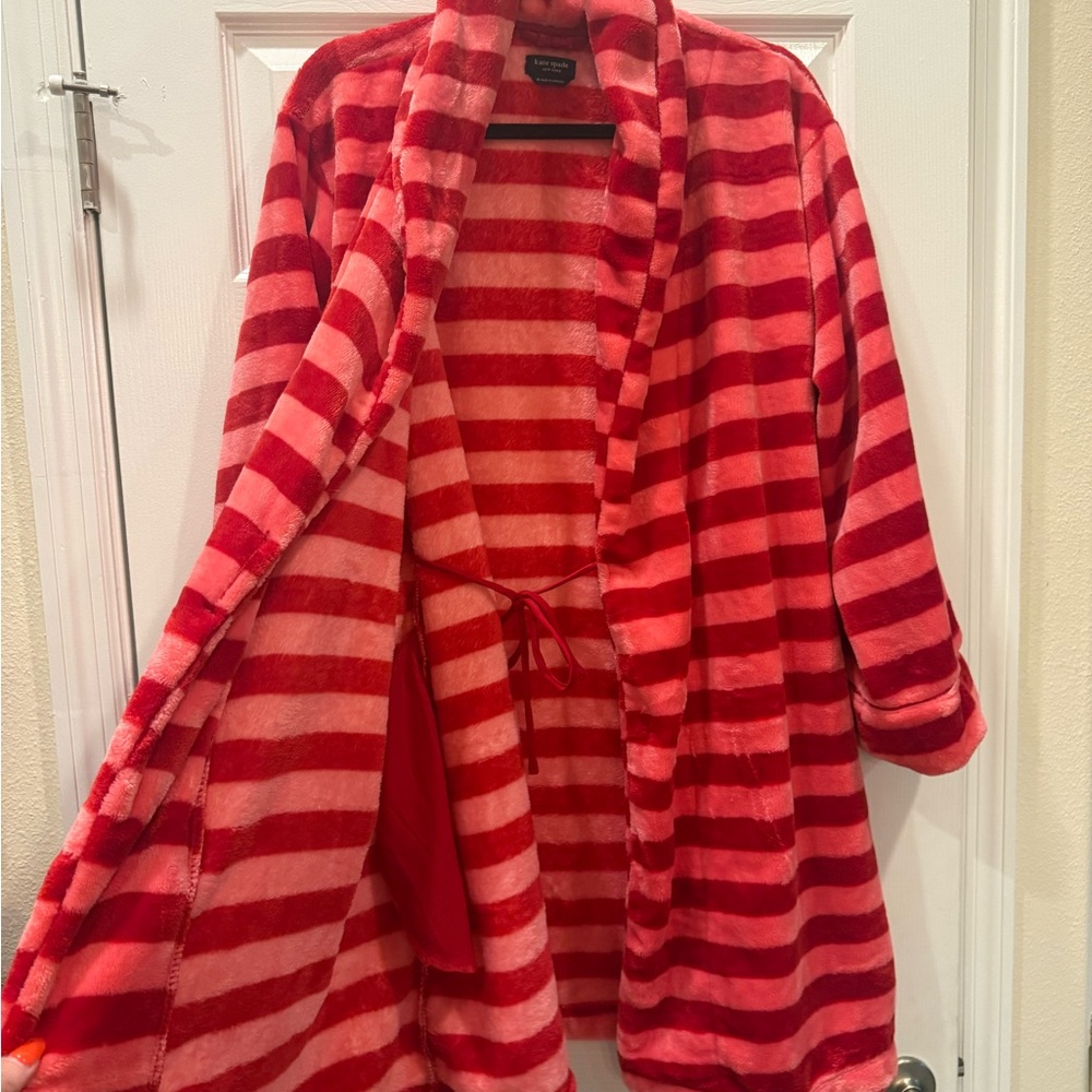 kate spade Red and Pink Striped Plush Robe - Picture 3 of 7